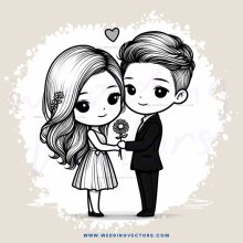 a happy couple holding flowers