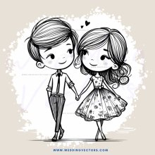 a boy and girl holding hands in white with hearts above them