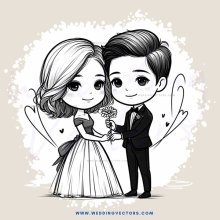 couple in a wedding gown and tuxedo with hearts around them