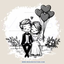a man and woman sitting on a brick wall with hearts, flowers and balloons