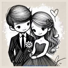 cartoon couple holding hands and flowers