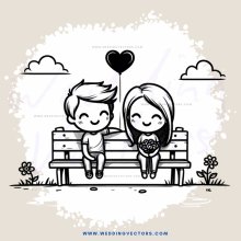 a couple on a bench with flowers and clouds
