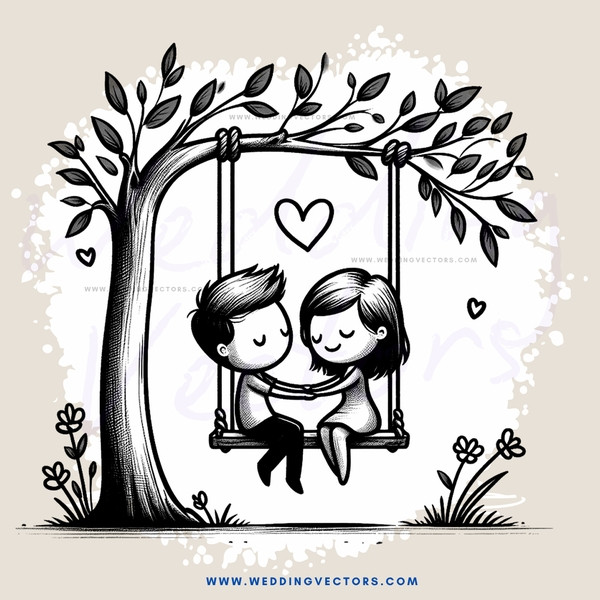 couple on swing with heart and flowers