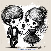 a boy and girl standing next to each other, both holding roses