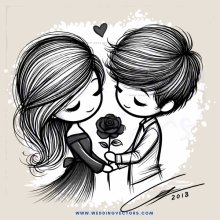 a cartoon drawing of two people holding flowers and an i heart you symbol