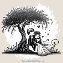 a couple sitting under a tree with hearts surrounding them