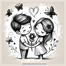 a boy and girl hugging with flowers and butterflies