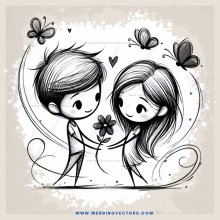 two people standing and holding flowers and butterflies in front of them