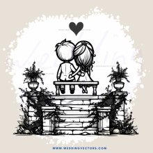 a couple sitting on a bench with an heart above their heads