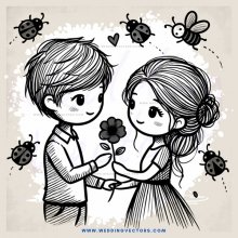 boy and girl shaking hands over flowers with bugs