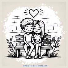 a couple sitting on a bench with an "i love you" heart above them