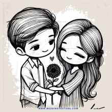 a man and woman embracing each other with a flower between them