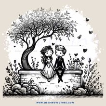 a couple sitting on a wall under a tree