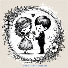 a boy and girl holding hands in front of a flower wreath