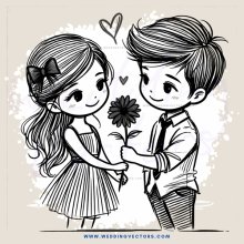 a boy and girl holding a flower and standing together