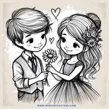 a boy and girl holding a flower and smiling