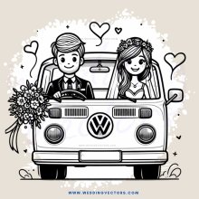 a couple drives away in their wedding car