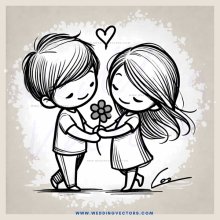 a boy and girl holding a flower with hearts surrounding them
