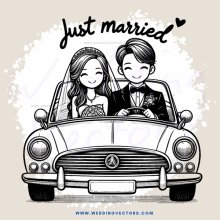 just married caricature picture with vintage theme in black and white drawing