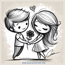 young couple in black and white cartoon embrace with flower