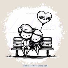 kissing couple on bench with hearts and words