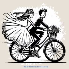 a couple riding a bicycle with bouquet in basket