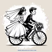 a bride and groom ride a bike
