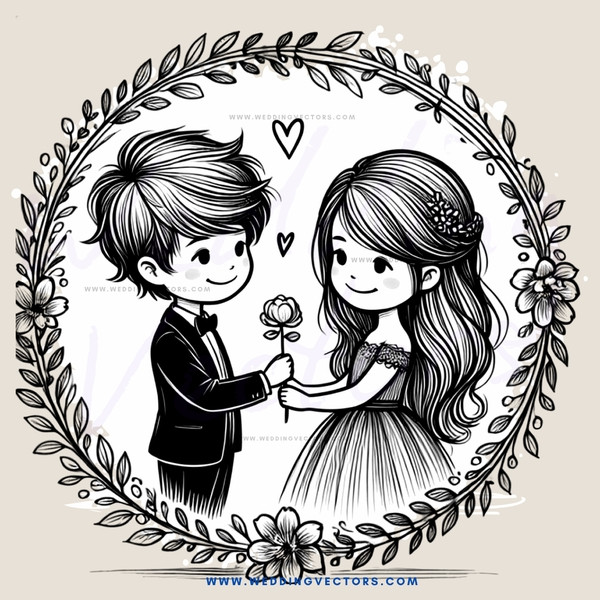 a boy and girl holding hands inside a wreath