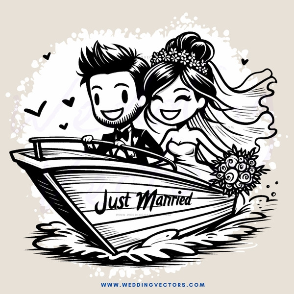 married couple in boat with bride carrying flowers