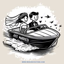 a couple in a boat with the word just married