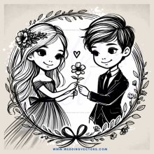 a boy and girl holding flowers inside an elaborate circle