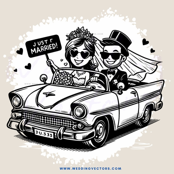 just married couple in car with sign