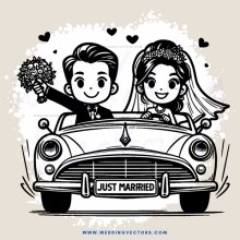 a happy couple in a car, with bride and groom