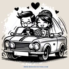 wedding car with bride and groom as cartoon characters