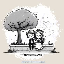 a couple sitting under a tree with a wedding photo