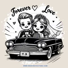 couple in car with wedding attire