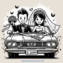 a cartoon drawing of a bride and groom in their car