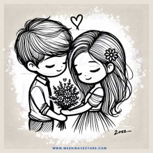 a boy and girl hugging in front of a flower bouquet