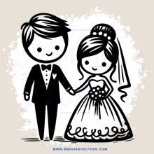 a bride and groom in black and white cartoon style