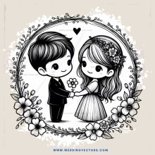 a cartoon boy and girl holding flowers