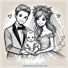 a bride and groom with their child