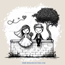 a couple sitting on a wall with a tree in front of them