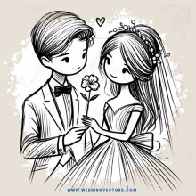 a cartoon picture of a bride and groom with flowers