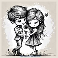 boy and girl hugging, holding flower
