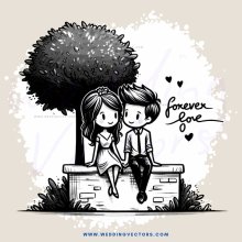 couple sitting on a bench in front of tree and reading "forever love"