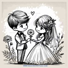 boy and girl holding flowers and cherry blossom tree leaves with bride and groom outfit