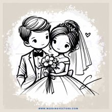 a bride and groom with flowers in hand
