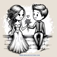 a couple holding flowers and sitting on a brick wall