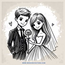 the bride and groom with a flower