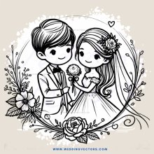 a bride & groom in an oval shape with flowers and a rose on the bottom